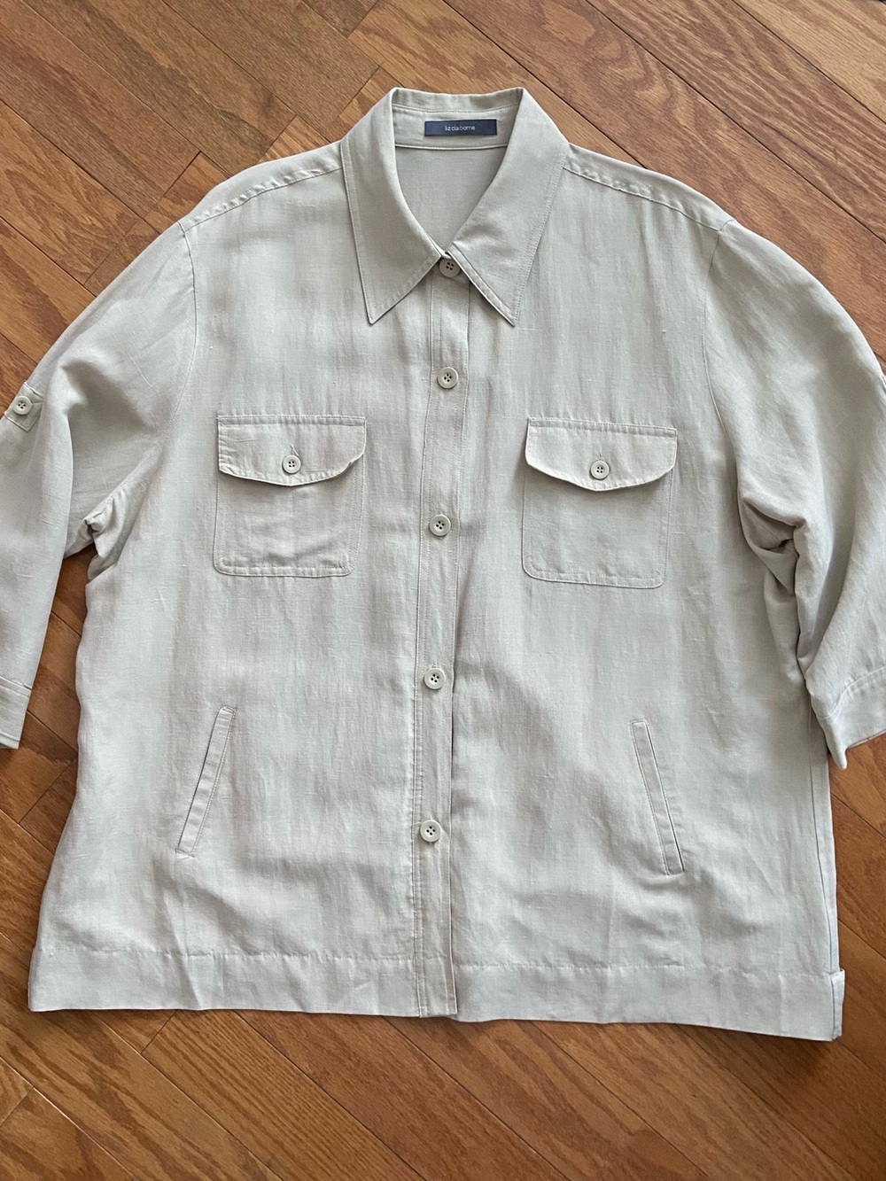 Liz Claiborne Silk Linen Tan Utility Blouse Womens 2X Safari